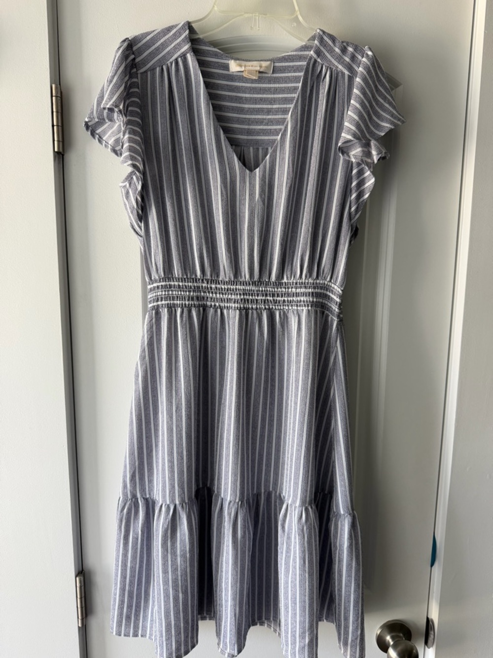 Monteau Blue and White Striped V-Neck Midi Dress